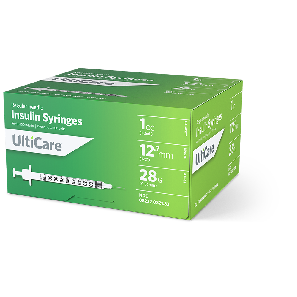 Syringe 1cc UltiCare U-100 Insulin with Fixed Needle 28G 1/2 inch Without Safety  (100/BX 5BXS/CS) by UltiMed, Inc.  ID 08218